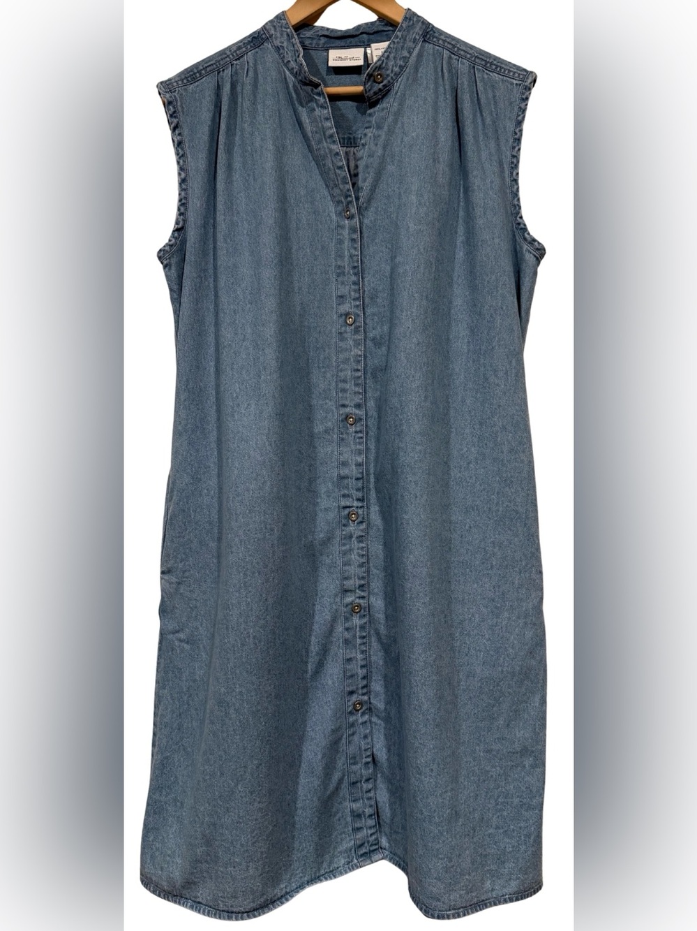 Vermont Country Store 100% Cotton Denim Dress Sleeveless L Button Down Pockets